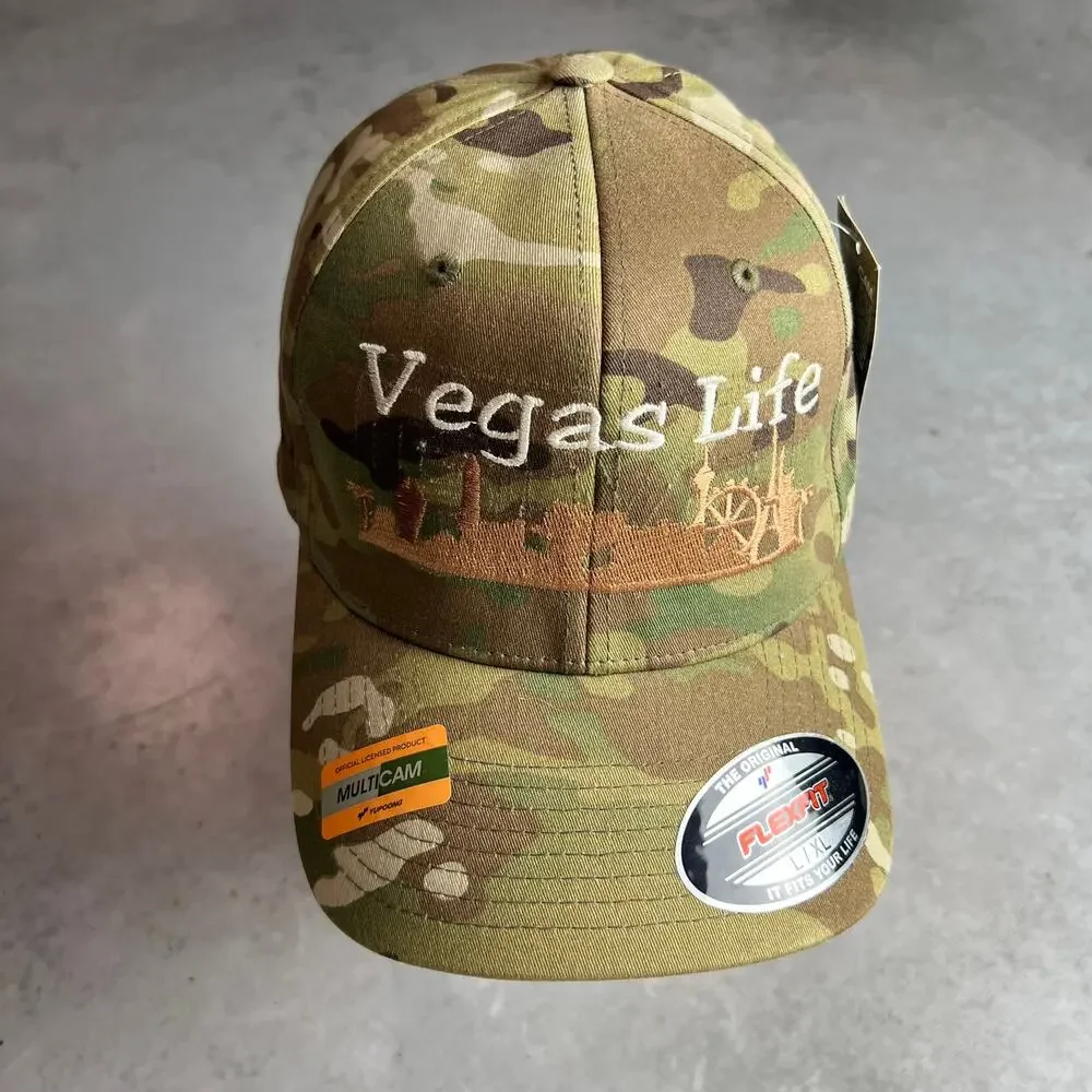 Las Vegas Life USA Mens Camo FLEXFIT Hat Embroidered Large-XLarge Baseball Cap